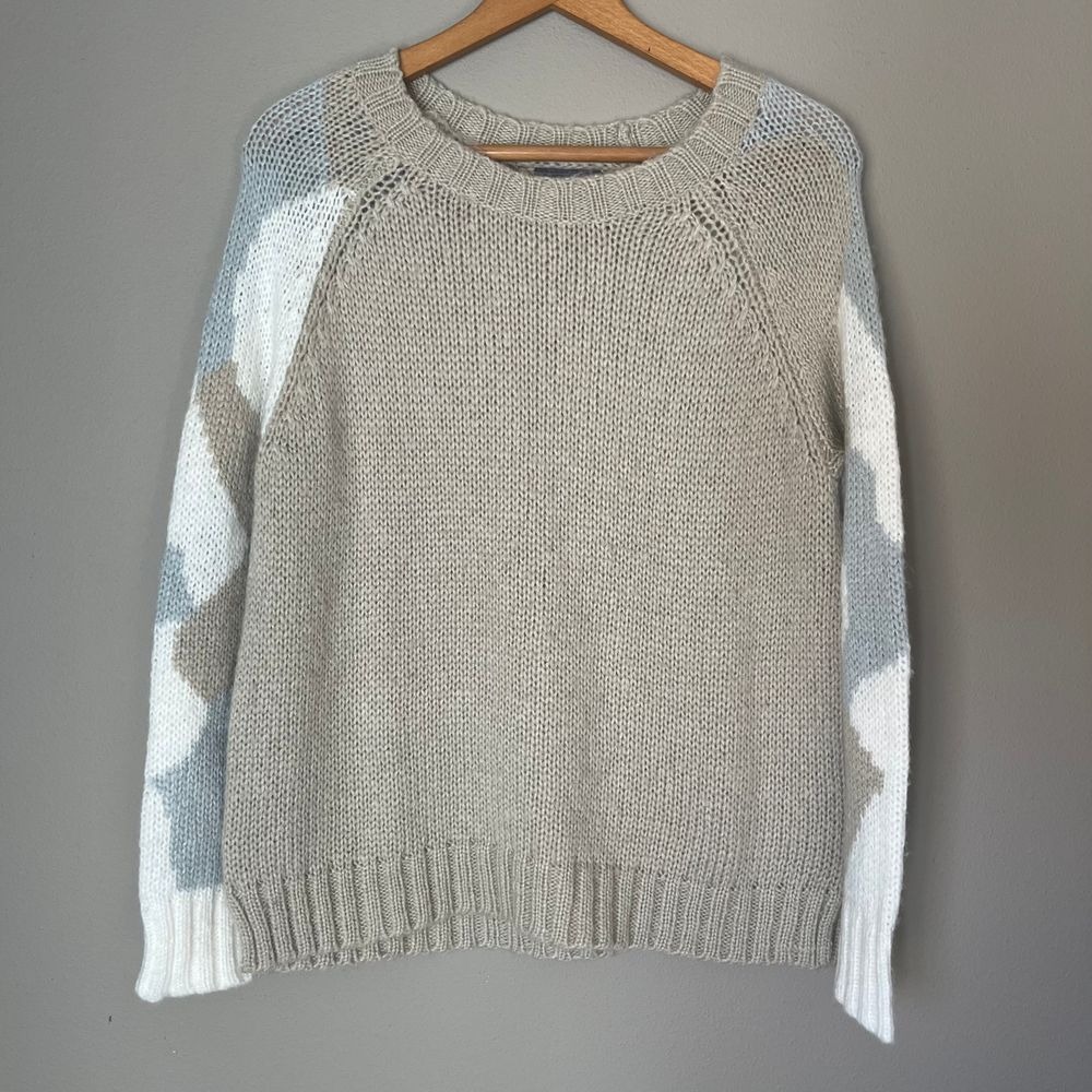 Wooden Ships Beige Crewneck Sweater with White & Light Gray Patterned Sleeves